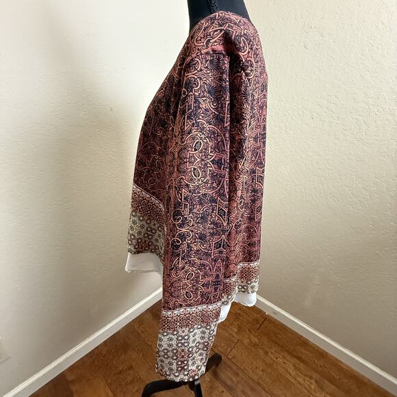 Fourteenth Place Patterned Long Sleeve Blouse Women XL/TG Silk-Look Layered Hem - Picture 3 of 7